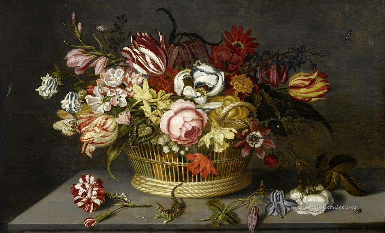 Bosschaert Ambrosius Blumen in einem Korb mit einer Nelke einer Rose und einer Eidechse auf einem Tisch Ölgemälde